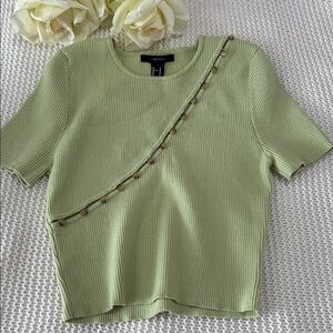 NWT Forever 21 Light Green Ribbed Tee with Diagonal Button Accent